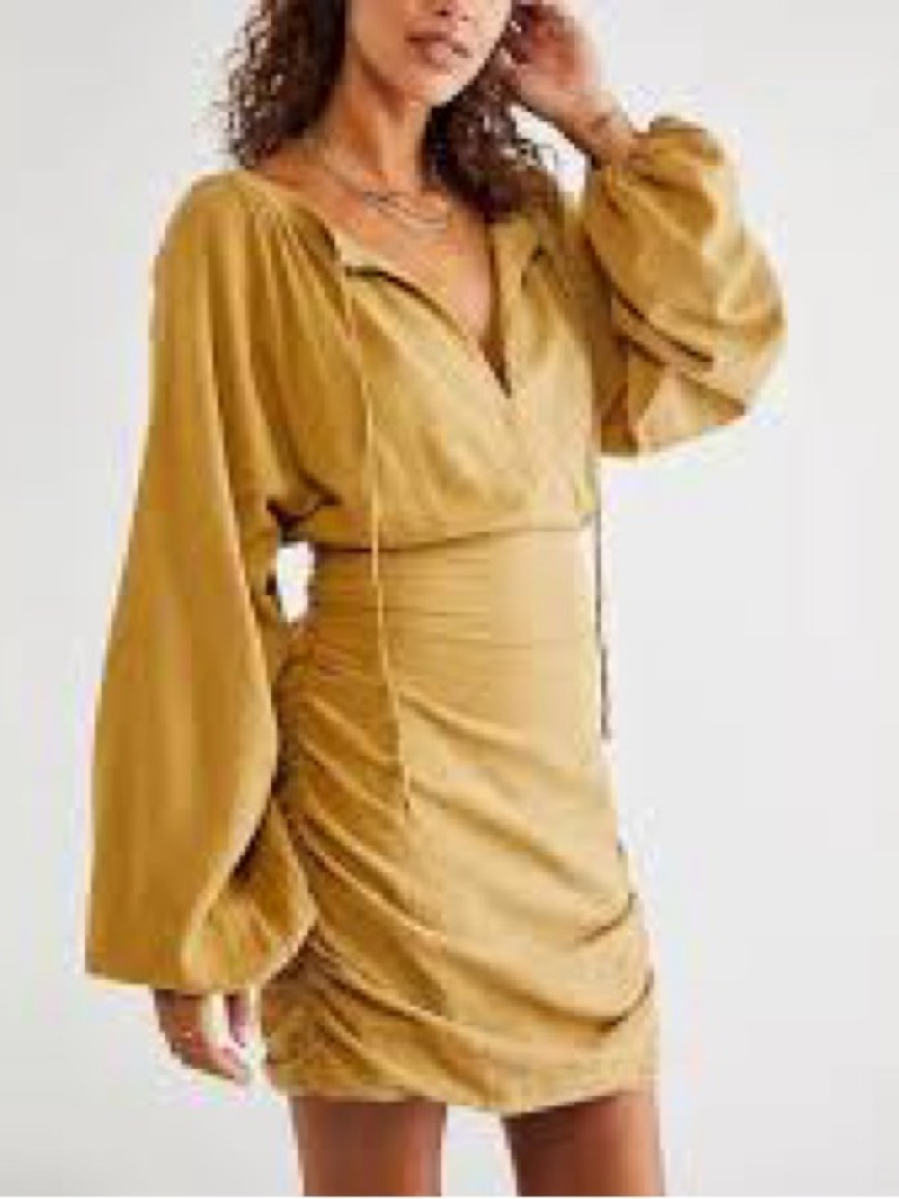 Free People Mustard Long Sleeve Tie-Neck Dress